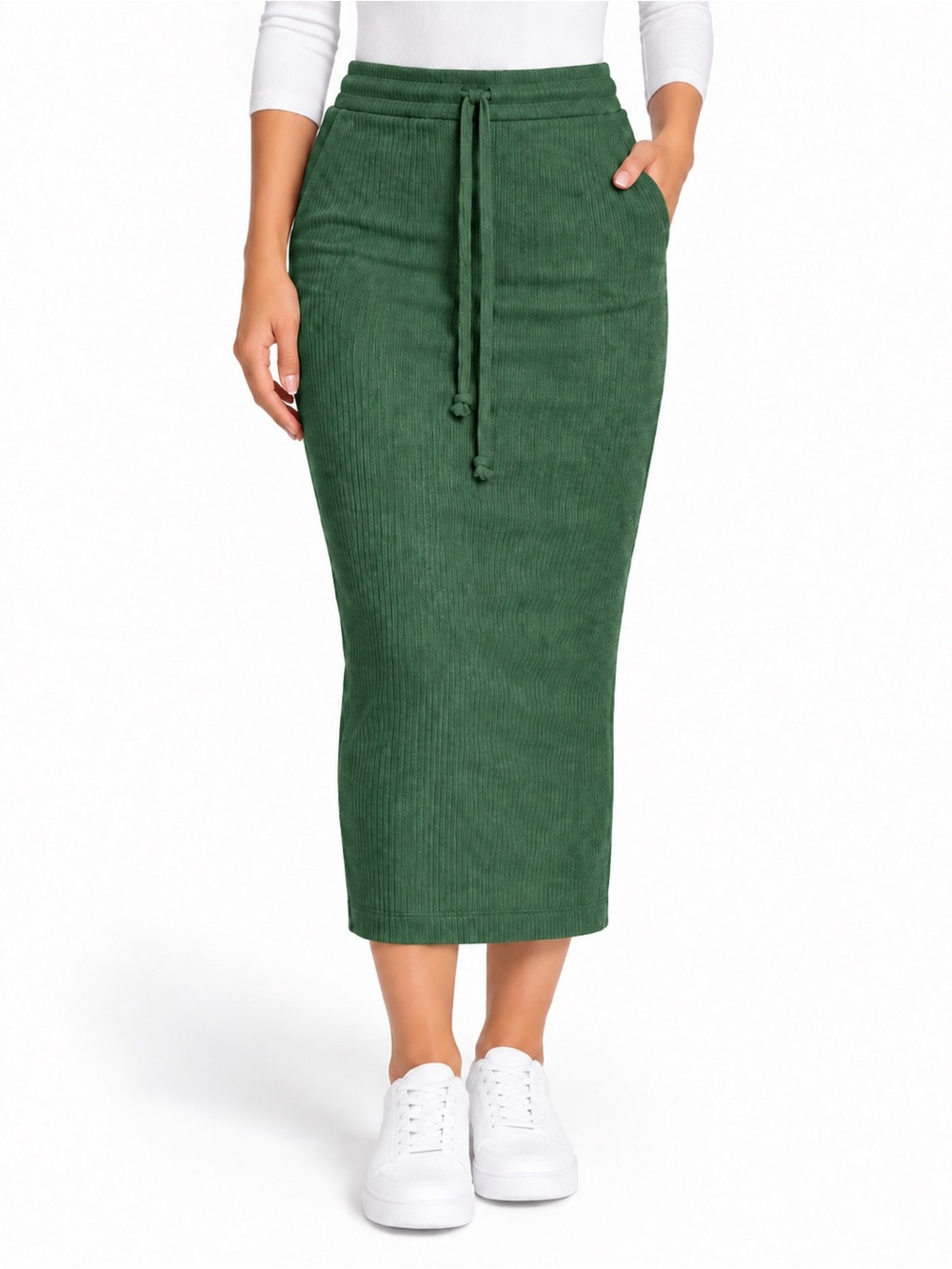 SHEIN Women’s Ribbed Drawstring Midi Pencil Skirt Size Medium Green